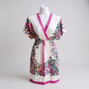 Vintage Floral Mini Dress White Pink Green Size Medium